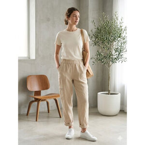 Nicole Miller New York Linen Cargo Joggers - Tan Summer Minimalist Pants - Large